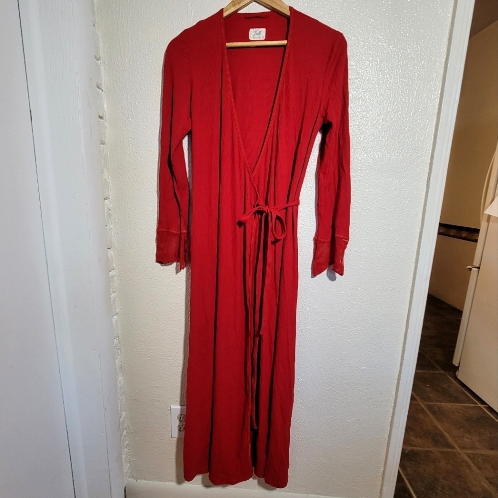 La Perla Joelle Ribbed Knit Maxi Robe Dressing Gown Lace Cuffs size S/M Red